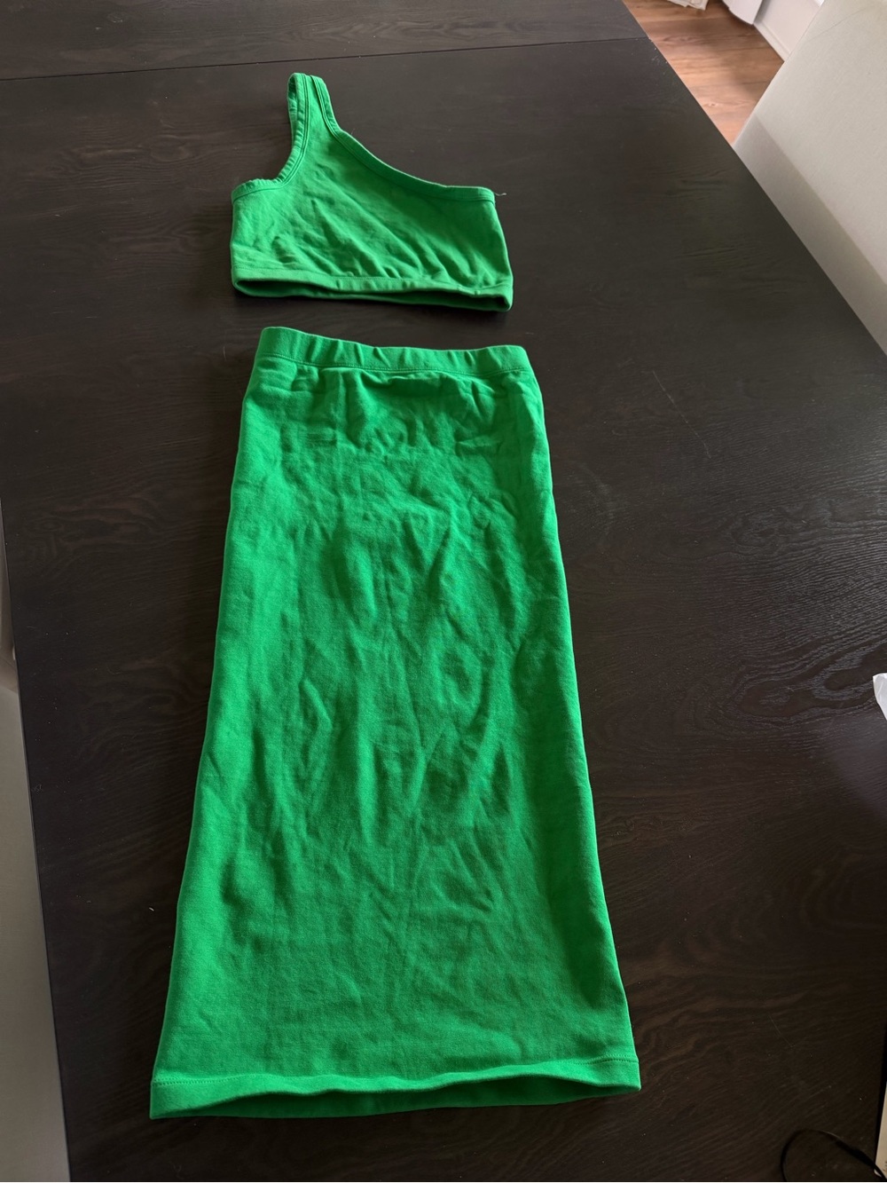 Set: Zara Bright Green Knit Top - One-Shoulder Crop and Midi Skirt
